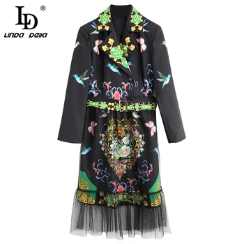 

LD LINDA DELLA 2020 Spring Fashion Runway Vintage Loose Belted Dress Women's Long Sleeve Charming Floral Print Black Dress