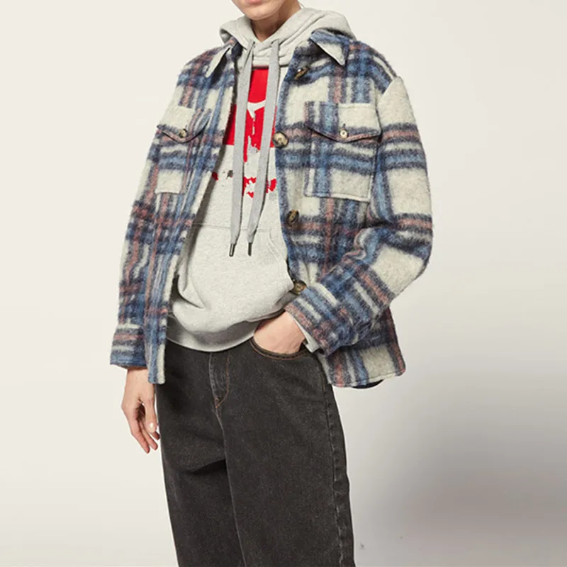 

Women Thick Warm Wool Jackets and Coats Plaid Single Breasted Double Pockets Jacket For Autumn Winter