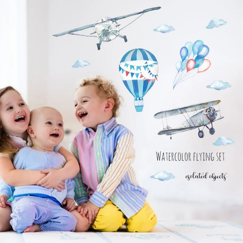

Watercolor Hand-painted Airplane Balloon Pattern Children Room Wall Stickers Kindergarten Background Wall Decoration Room Decor