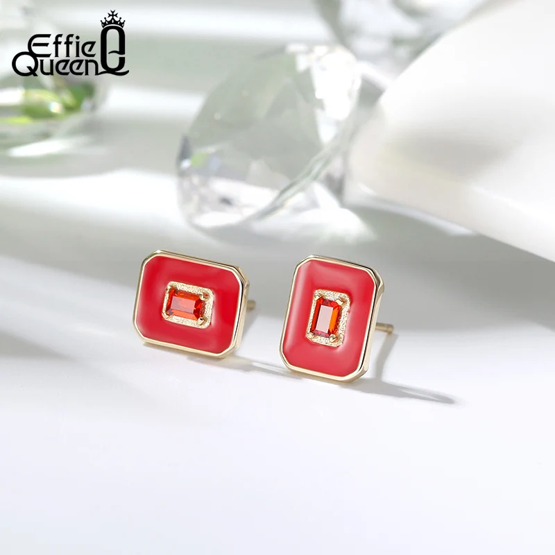 Effie Queen 925 Silver Stud Earring Square Enamel Earring with AAAA Zircon Woman Girl Jewelry Party Gift BE284