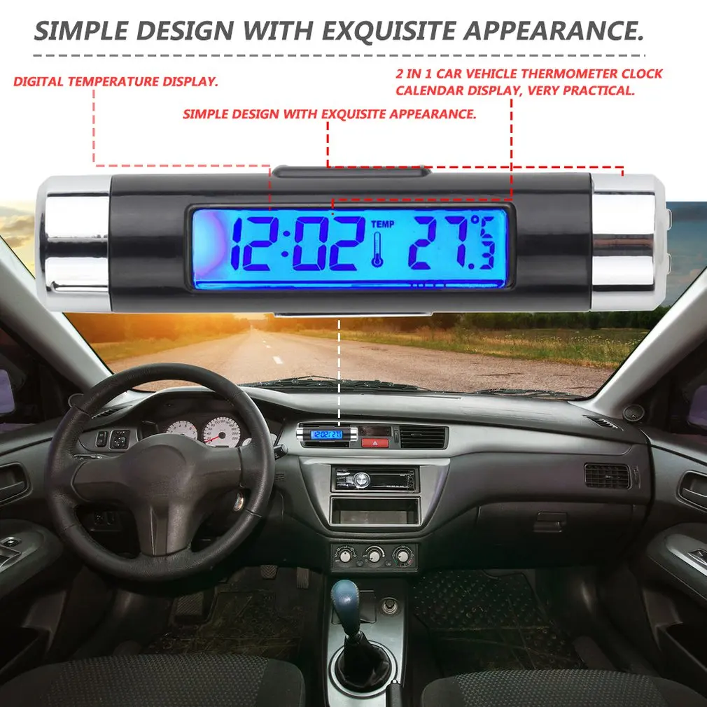 2 In 1 Car Vehicle LCD Digital Backlight Automotive Thermometer Clock Calendar Display Car Air Vent Outlet Clip-on Clock