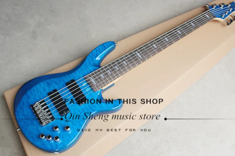

free shipping 6 strings electric bass guitar with flamed maple veneer,rosewood fretboard shell inlay,chrome hardware