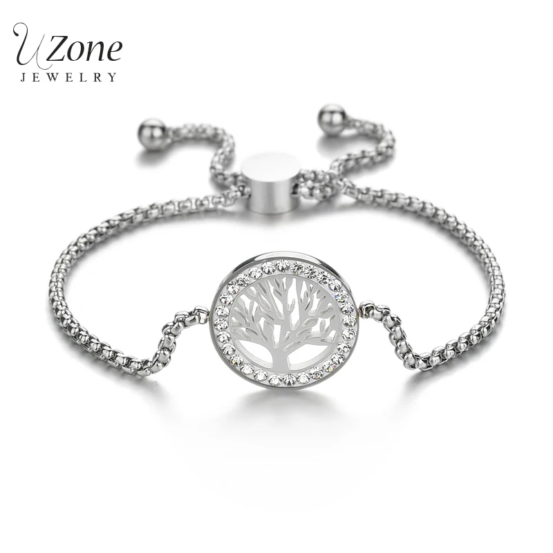 

UZone Hollow Tree of Life Zirconia Charm Bracelet Stainless Steel Adjustable Chain Bracelets For Women Girl Jewelr Gift Pulsera