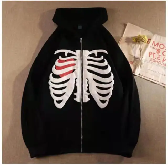 Clothes Skeleton Printing Hoodie Anime Men Women Long-sleeve Zipper Hoodie Jacket Loose Streetwear Kpop Clothes Oversized Black
