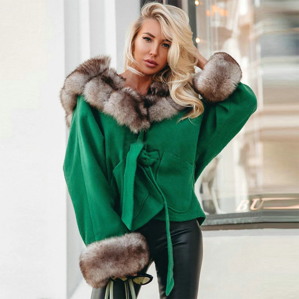 Fashion Fox Fur Wool Blends Coat with Hood Thick Warm Winter New Women Genuine Cashmere Coats with Fox Fur Natural Overcoat 2022
