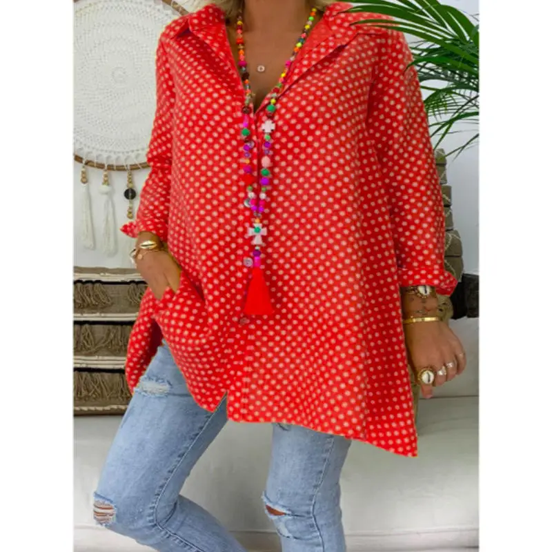 Women Fashion Polka Dot Print V-Neck Shirt Loose Long Sleeve Button Blouse Tops | Женская одежда