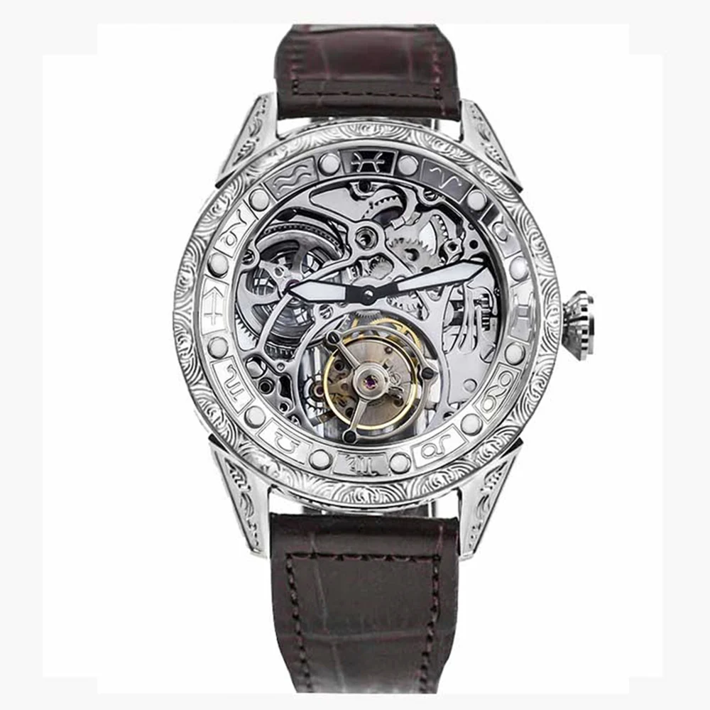 Классические мужские механические наручные часы с резным большим циферблатом, турбийон, мужские часы t 50 m, модные мужские часы с каркасом, часы AOHAOHUA - Цвет: Silver Case Brown