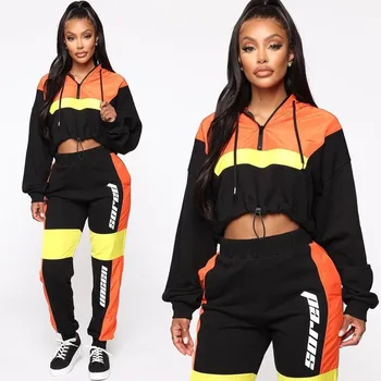 

Casual Long Sleeve Hooded Tracksuit Women Sweatershirt Crop Tops Sport Suit 2 Piece Sports Set Outfits Striped Running Sets