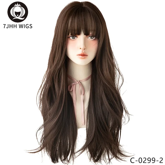 7JHH Black Brown Long Wavy Wig With Fluffy Bangs For Women To Wear Daily Heat-Resistant Synthetic Wig C-0299-2