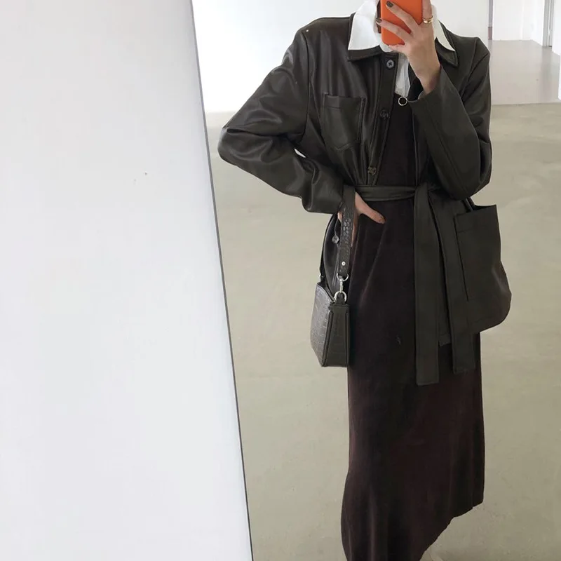 

2019 Autumn & Winter Korean-style New Style PU Leather Small Suit Coat Elegant Fashion WOMEN'S Top Workwear Overcoat