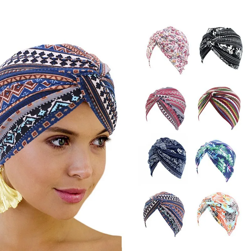 

Bandanas Women Flower Printing Chemo Cap Turban Autumn Winter Cross Elastic Headbands Hair Bands Head Cap Hair Accessories