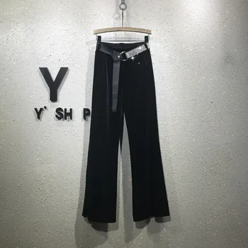 

Golden Velvet Pants Women 2020 Autumn New Elastic High Waist Rhinestone Hot Drilling Loose Long Trousers Black Wide Leg Pants