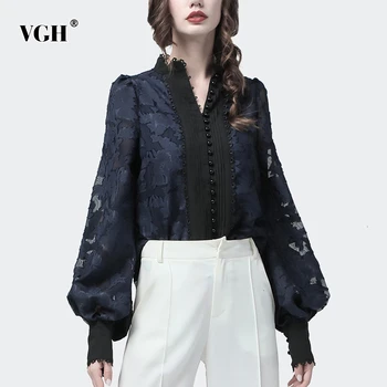 

VGH Patchwork Lace Women's Shirts Stand Collar Lantern Sleeves Korean Large Size Loose Blouse Female 2019 Autumn Fashion New