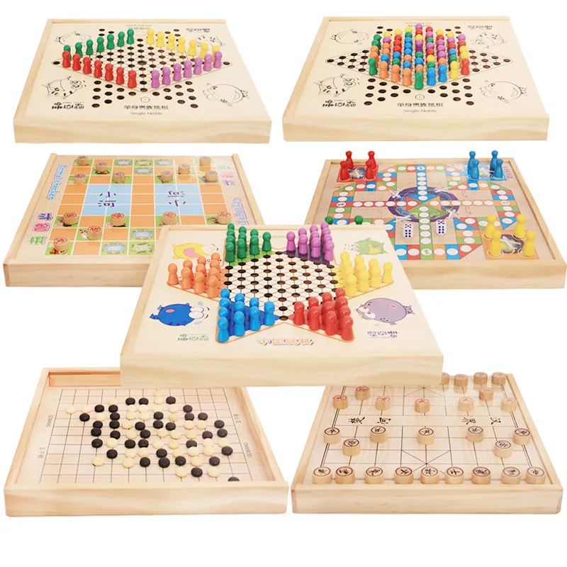 

Factory Sales Children Checkers Five-in-a-row Two-in-One Set China Wooden Game Adult Flight Educational Double-Sided