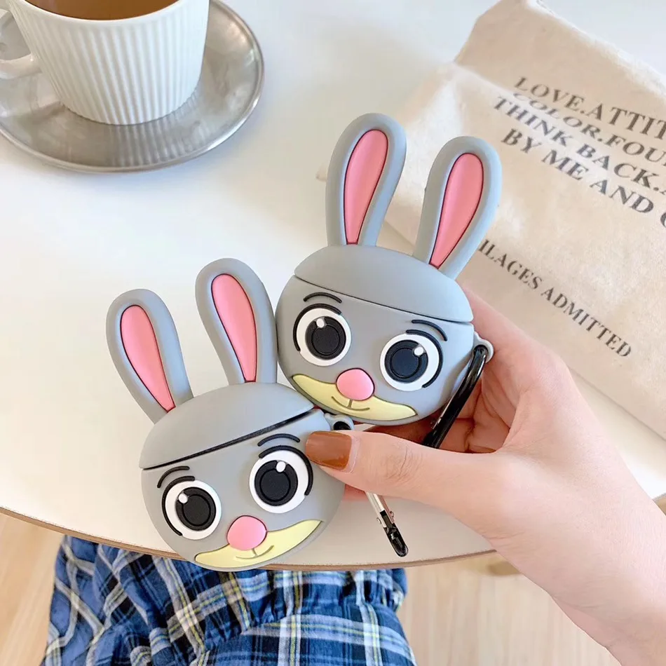 

3D Silicone Earphone Case For Airpods 2 Case lovely Rabbit Animal Cartoon Headphone Cover For Apple Air pods Case with Ring