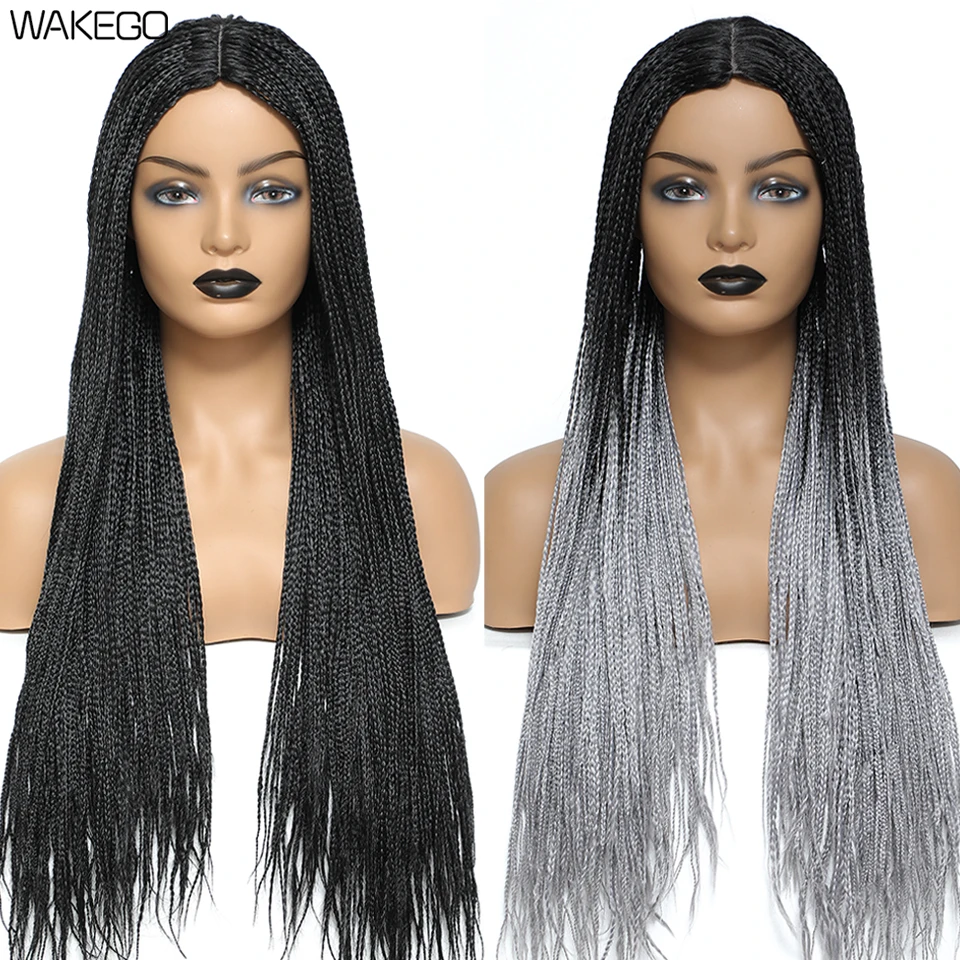 Braided Wigs Wakego for Black Women 26" Long Braids Fake Scalp Synthetic Heat Resistant Fiber Micro Braid Wig Daily Use synthetic hair wigs
