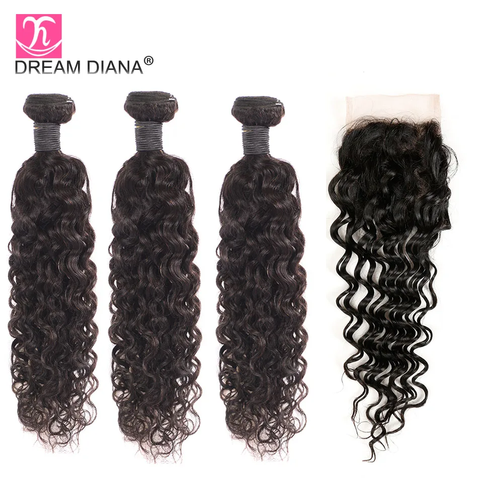 

DreamDiana Brazilian Water Wave Bundles With Closure Natural 8-28" Remy Hair 3 Bundles With Closure 100% Human Hair With Closure