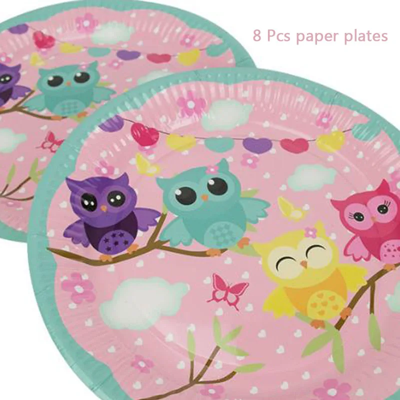 8 Pcs paper plates Розовая сова, Детская одноразовая посуда для вечеринки, принадлежности для дня рождения, бумажная тарелка, чашка с салфеткой, papier jetable - Цвет: 8 Pcs paper plates