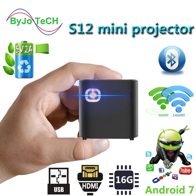 

ByJoTeCH S12 Mini Projector Support 1080P DLP Portable Wifi Bluetooth LED Battery Home Beamer Android 7.1.2 OS HDMI Proyector