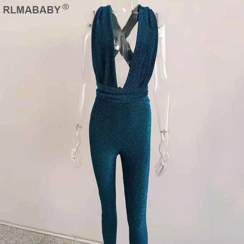 Green RLMABABY, блестящий глубокий v-образный вырез, открытая спина, бандажный комбинезон, женский комбинезон, тонкий, без рукавов, для клуба, Облегающий комбинезон, сексуальный женский комбинезон - Цвет: Green