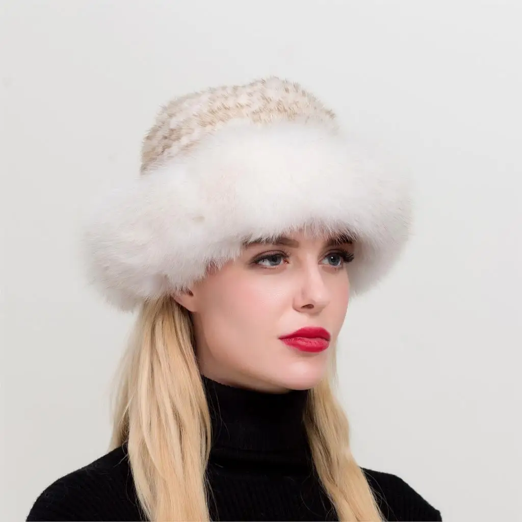 ZDFURS* Натуральная норковая меховая шапка шапки русская зима с бренд Fox Fur Trim для женщин шапка вязаная натуральная норковая меховая шапка шапки Новые - Цвет: light