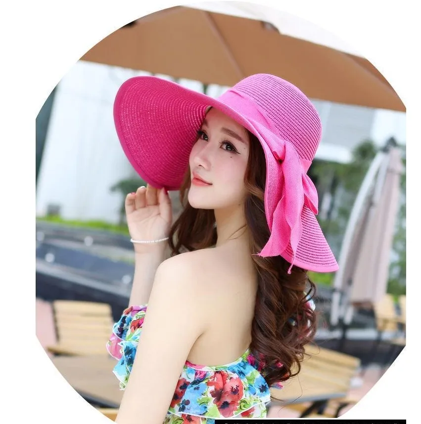 Summer Wide Brim Straw Hats Big Sun Hats For Women UV Protection Panama Floppy Beach Hats Ladies Bow Hat Chapeau Femme