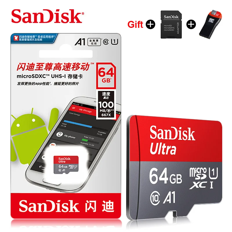 Карта Micro SD SanDisk 16 ГБ 32 ГБ 64 Гб 128 г C10 U1 A1 карта памяти Micro карта для телефона компьютер SDXC SDHC скорость до 98 м/с адаптер - Емкость: 64 ГБ