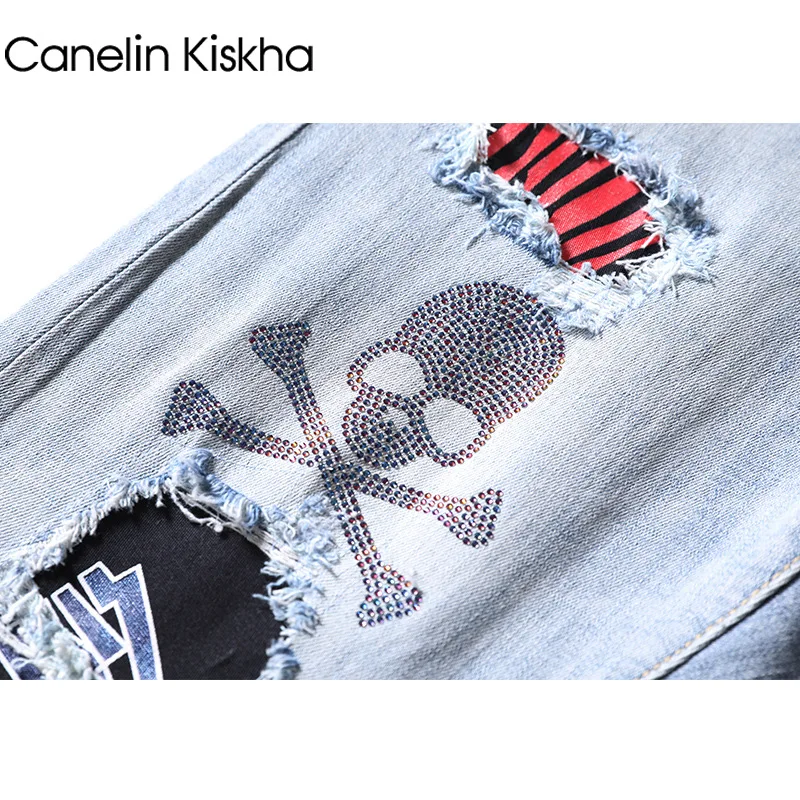 Wholesale 2022 Fashion Light Luxury Hip Hop Light-colored Ripped Jeans Men\'s Patch Hot Drilling Skeleton Beggar Thin Long Pants