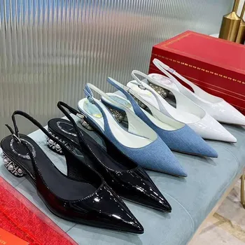 

Patent Leather Sandals Women Pearl Decor Bling Heel Pointed Toe Back Strap Genuine Leather 2020 Fashion Luxury Brand Women Shoes
