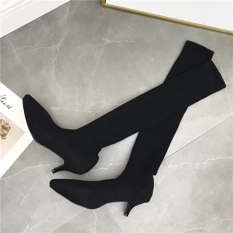 NIUFUNI Slim Stretch Over The Knee Boots For Women Pointed Toe Sock Boots 7cm Thin Heel Boots Autumn Shoes Woman Botas Mujer