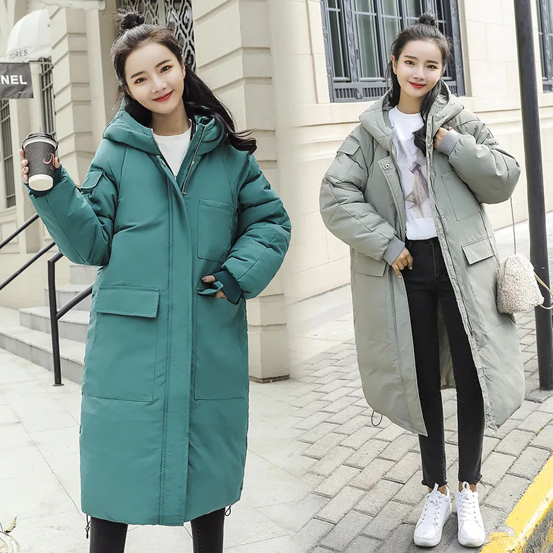 

2018 Winter New Style Korean-style Large Size Loose-Fit Slimming down Coat over-the-Knee down Feather Cotton-padded Clothes Stud