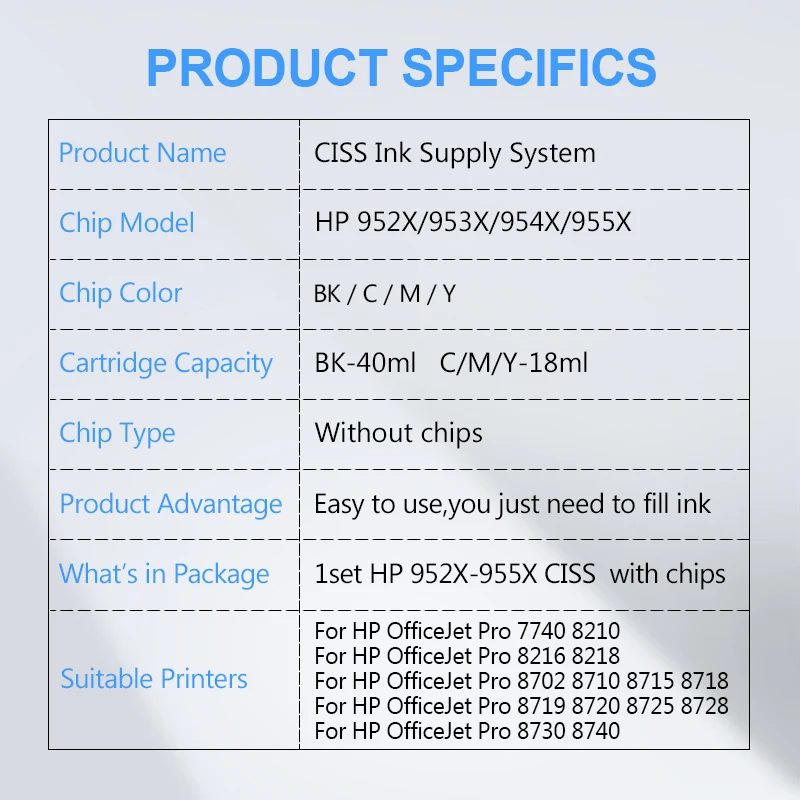 CISS Continuous Ink Supply System Without Chips For HP 952 953 954 955 952X 953X 954X 955X 7740 8210 8710 8720 8730 8740
