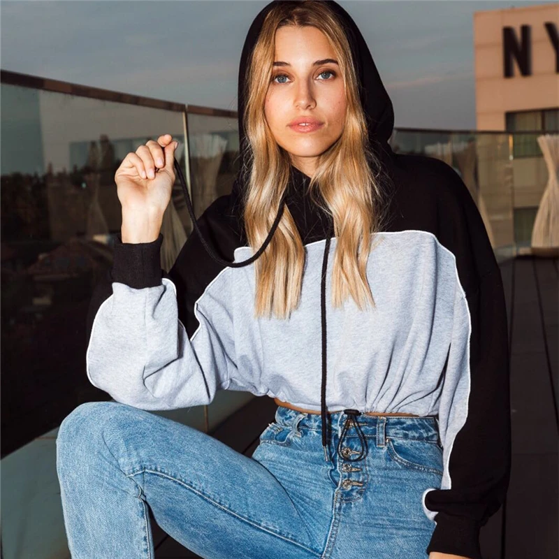 

SEASONS Cropped Hooded Patchwork Sweatshirt Women Streetwear Fashion Pullover Hoodies 2020 Spring Auutmn Tops ASTS80412