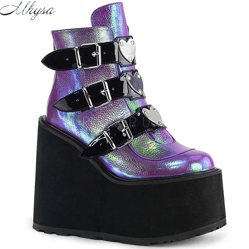 

New Women Ankle Boots Rock Style Punk Female Platform Boots Metal Buckle Women Wedges High Heels Wedges Rock Style Botas Mujer