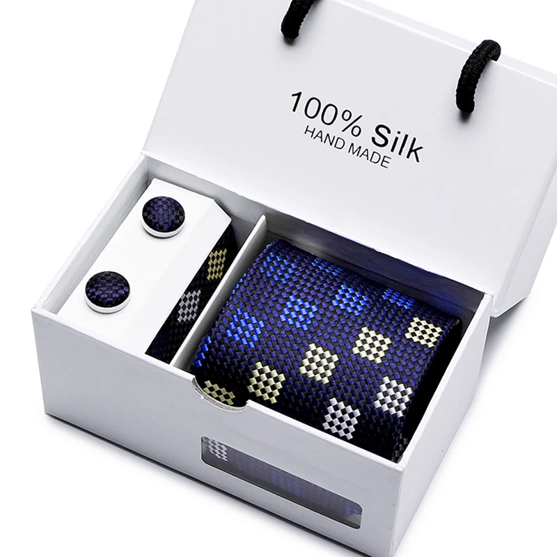 

Free shipping 2.95inch(7.5 Cm) Width Ensemble Polka Dot Blue Man Tie, Handkerchief and Cufflinks Gift Box Packing Many Color