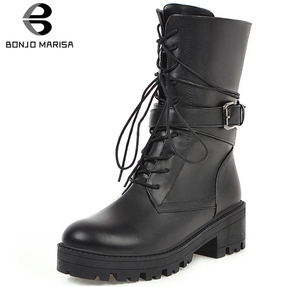 

BONJOMARISA Ladies Cool Street lace-up High Top Boots Black mid-calf Boots Women Street Attractive Med Chunky Heels Shoes Woman