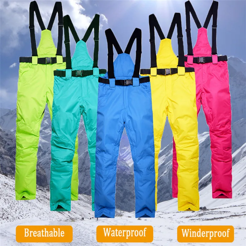 Новые зимние плотные теплые лыжные брюки для мужчин и женщин, ветрозащитные водонепроницаемые брюки на подтяжках, зимние штаны для сноуборда размера плюс
