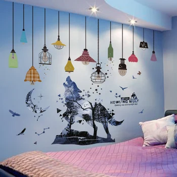 

[shijuekongjian] Colorful Chandeliers Wall Stickers DIY Wolf Animal Mural Decals for Kids Bedroom Nursery House Decoration