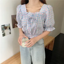 

Summer 2021 Harajuku Plaid Tshirts Vintage Puff Sleeve Ruffles tee shirts Square Collar Short Casual Loose Sweet Women's Clothes