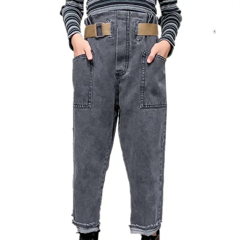 

Jeans Girl 2020 Autumn Girl Jeans Kids Solid Color Kid Jeans With Belt Retro Grey Style Clothes For Girls 6 8 10 12 14 Years Old