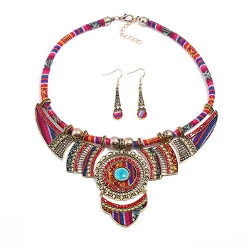 

Hot Sales Boho Bohemia Jewelry Sets Traditional Tribal Necklace Earrings Set Dangle Red Blue for Women