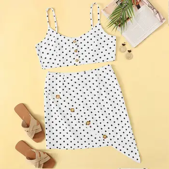 

2Pieces Polka Dots Summer Suit Womens Ladies Casual Polka Dots Strappy Buttons Bodycon off shoulder Tank Skirt Two Piece Set