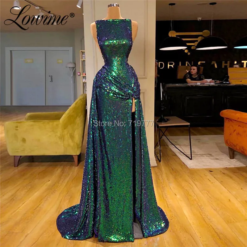 

Long Dubai Formal Evening Dresses Sequined Abendkleider Middle East Boat Neck Prom Dress Party Gowns Robe De Soiree 2019 Newest
