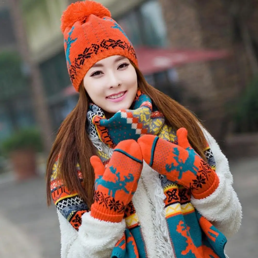 Winter Caps Knit Thick Wool Lining Warm Christmas Gift Reindeer Thick Hat Scarf Glove Sets For Women Or Girl 3pcs Warm Set