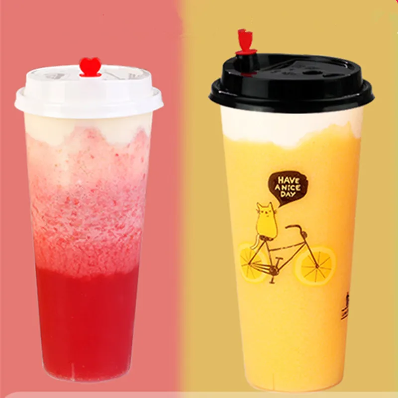

50pcs High quality thicken injection disposable coffee cup 500ml milk tea juice transparent plastic cups with red love covers