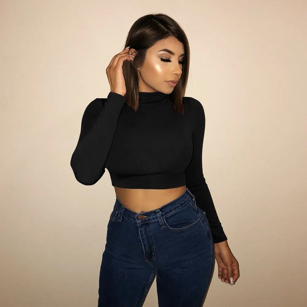 

Autumn Sexy Exposed Navel Blouses Long Sleeve Slim Chiffon Shirt Solid Color Round Neck Shirt Cropped Top Women 2020 Fashion Clo