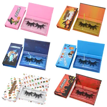 

6pcs Halloween Patterns False Eyelashes Packaging Boxes Reusable Magnetic Adsorption Lashes Storage Cases Mix Colors