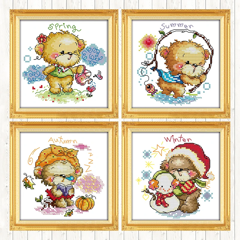 

The Four Seasons Little Bear Patterns Cross Stitch Kits 11CT Printed Fabric 14CT Canvas Count Cross-stitch Embroidery Thread Set
