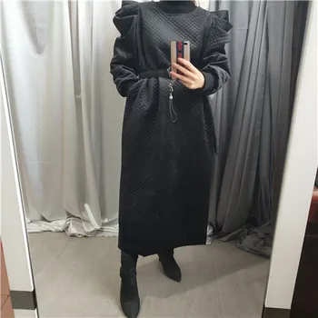 

SuperAen Cotton Puff Sleeve Thick Dress Women Winter New 2019 Ladies Dress Fashion Solid Color Long Sleeve Women Clothing