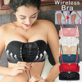 

CALOFE Women Lace Strapless Bra For Dress Super Push Up Invisible Backless Criscross Bra Small Breast Sexy Brassiere